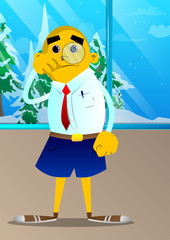 Yellow man holding a magnifying glass. Vector cartoon illustration.