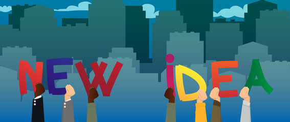 Diverse hands holding letters of the alphabet created the word New Idea. Vector illustration.