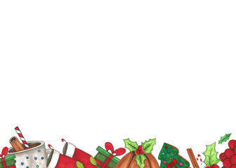 Christmas background, Christmas frame with copy space, place for text. Mistletoe, mittens, Christmas socks, pudding, candy cane, red hat, cinnamon and Christmas present sketched by markers.