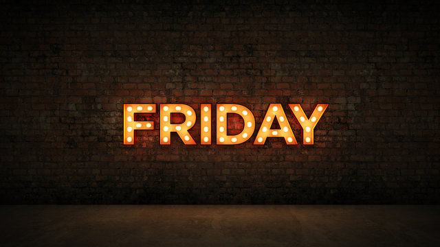 Neon Sign on Brick Wall background - Friday. 3d rendering