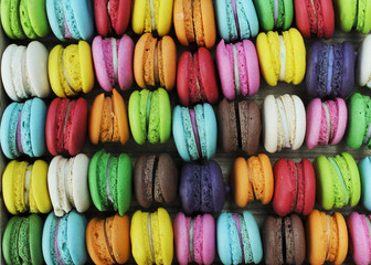 Tasty french macaroons cookie colorful in woodden box backgrounds above