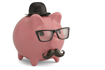 Glasses with mustache on piggy business and financial wealth symbol 3D illustration.