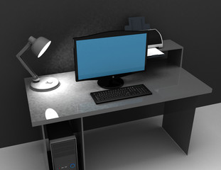Home office desk with lamp, computer and printer . 3d rendered illustration