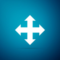 Arrows in four directions icon isolated on blue background. Flat design. Vector Illustration