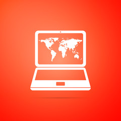 Laptop with world map on screen icon isolated on orange background. World map geography symbol. Flat design. Vector Illustration