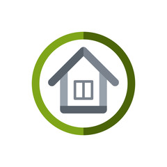 Grey house logo template. House made from thick cut lines inside the green circle. Vector illustration.