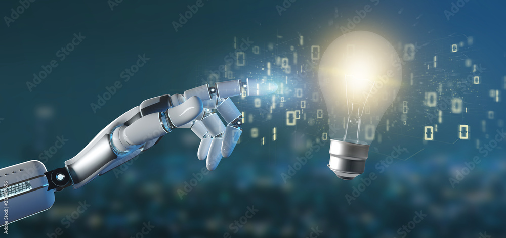 Poster cyborg hand holding a bulb lamp idea concept with data all around 3d rendering