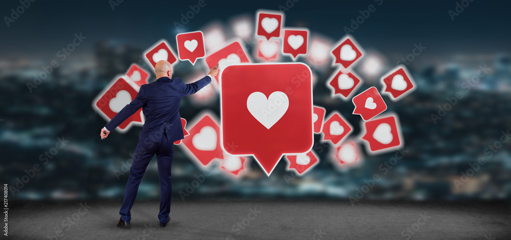 Poster businessman in front of a colorfull social network teamwork with icon 3d rendering