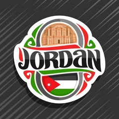 Vector logo for Jordan country, fridge magnet with jordanian state flag, original brush typeface for word jordan and national jordanian symbol - Monastery in ancient city Petra on red rock background.