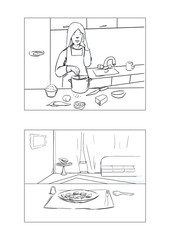 Lady talking with phone while cooking a meal in her apartment storyboard black and white sketch drawing, daily life, cell phone, communication concepts