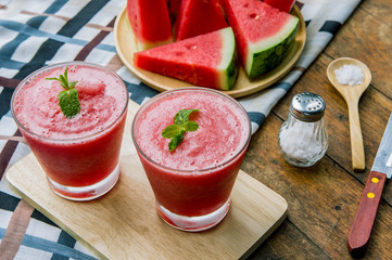 watermelon smoothie fruit on wood table , sweet fruit drinks on summer for healthy diet