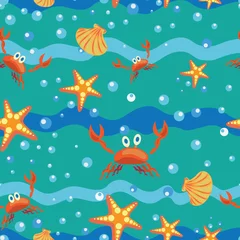 Behang Zeeschelpen, zeesterren en krabben. Naadloze patroon. Ontwerp voor textiel, wandtapijten, verpakkingsmaterialen, papier met stripfiguren voor kinderen, zeedieren. © velishchuknatali