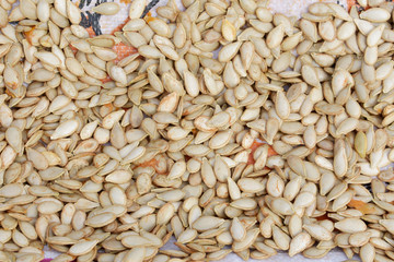 Pumpkin seeds flat on a plastic sandbag to dry seeds for preserve food.