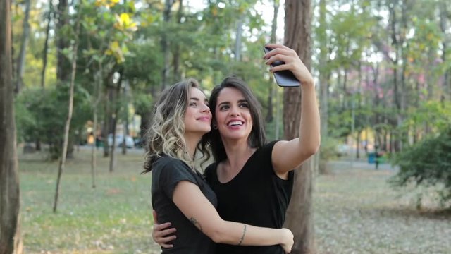 Girlfriends LGBT lesbian couple taking a selfie together with cellphone at the park