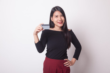 Young Asian woman smile with blank card.