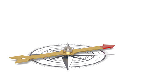 Compass with gold needle isolated on white background 3D illustration.