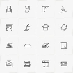 Decor line icon set with aquarium, armchair and books