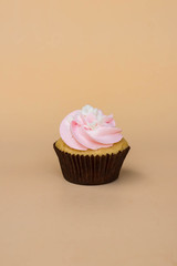 sweet cup cake dessert on yellow background and copy space