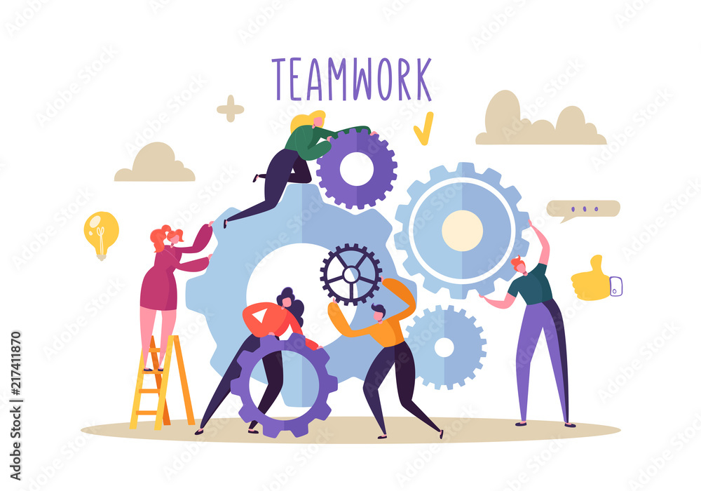 Poster business teamwork concept. flat people characters running gears mechanism. engineering product devel