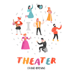 Theater Actor Characters Set. Flat People Theatrical Perfomances. Artistic Man and Woman on Stage. Vector illustration
