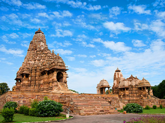 Kandariya Mahadeva Temple, dedicated to Shiva, Western Temples of Khajuraho under cloudy sky....