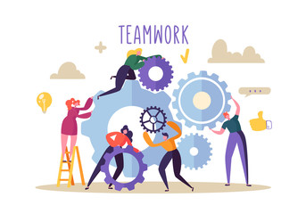 Business Teamwork Concept. Flat People Characters Running Gears Mechanism. Engineering Product Development. Vector illustration