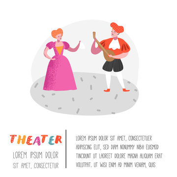 Theater Actor Characters. Flat People Theatrical Stage Poster. Artistic Perfomances Man and Woman. Vector illustration