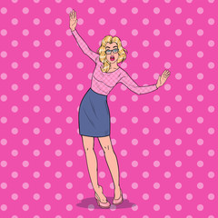 Pop Art Falling Beautiful Woman on High Heels. Fashionable Awkward Blonde Girl. Vector illustration
