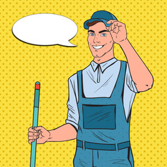 Pop Art Cleaner in Uniform with Mop. Cleaning Service Staff with Equipment. Vector illustration