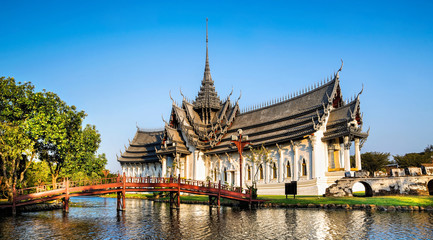 Fototapeta na wymiar Amazing view of beautiful Sanphet Prasat Palace. Location: Ancient City Park, Muang Boran, Samut Prakan province, Bangkok, Thailand. Artistic picture. Beauty world. Panorama