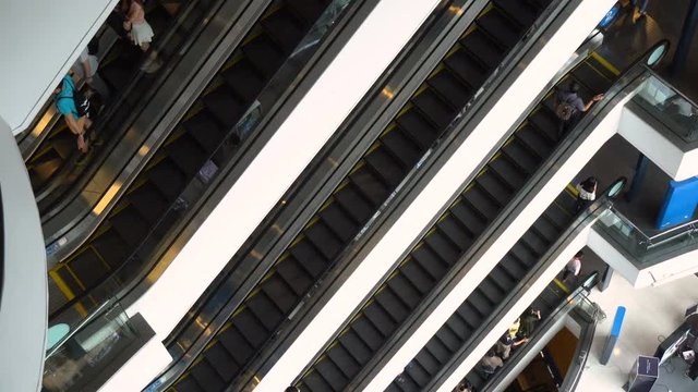 Escalators in Mall - Many Escalators Stacked From Top Down Perspective - Bangkok, Thailand - June, 2018