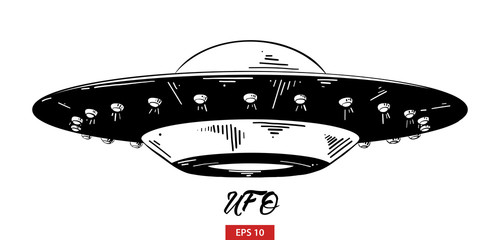 Vector engraved style illustration for posters, decoration and print. Hand drawn sketch of ufo in black isolated on white background. Detailed vintage etching style drawing. © DELstudio