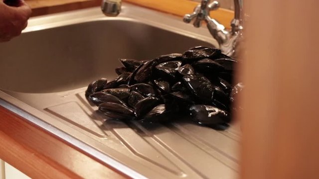 La cuoca pulisce le cozze nel lavandino