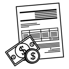 bills and coins dollars with document