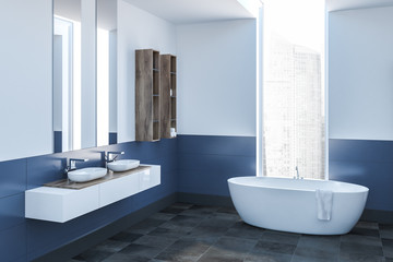 White and blue bathroom corner, white tub