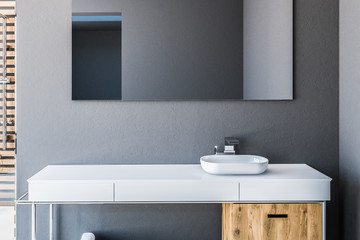 Fototapeta na wymiar Sink in gray Scandinavian style bathroom close up