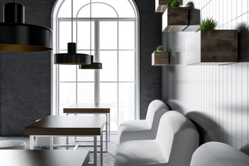 Cozy cafe interior, white armchairs close up