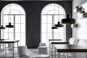 Cozy cafe interior, white armchairs