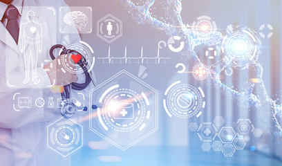 Confident doctor and medical icons holograms