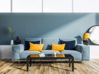 Blue living room, blue sofa