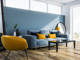 Blue living room, blue sofa, armchair