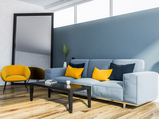 Blue living room, blue sofa, armchair, mirror