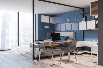 Fototapeta na wymiar Stylish blue home office interior