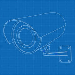 CCTV security camera. Outline drawing on blueprint bacground
