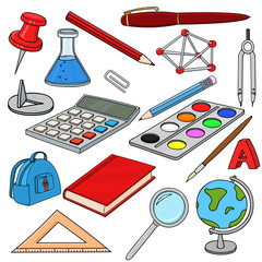 School doodle. Colored set of stationery tools