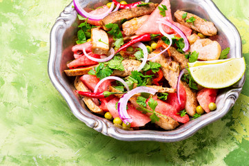 Salad with veal and watermelon