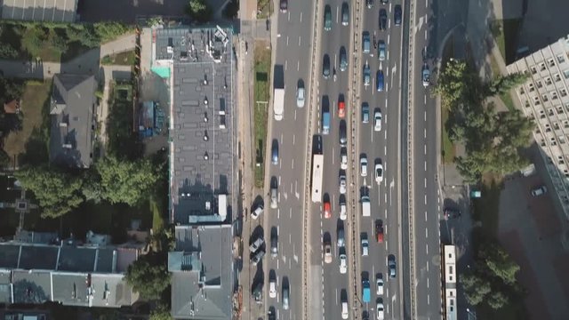 Aerial top down view time lapse of busy city street