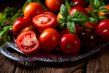 various types of tomatoes served and presented on the silver platter.