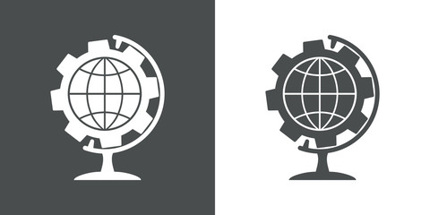 Icono plano engranaje con mundo con peana en gris y blanco © teracreonte