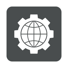 Icono plano engranaje con mundo en cuadrado gris